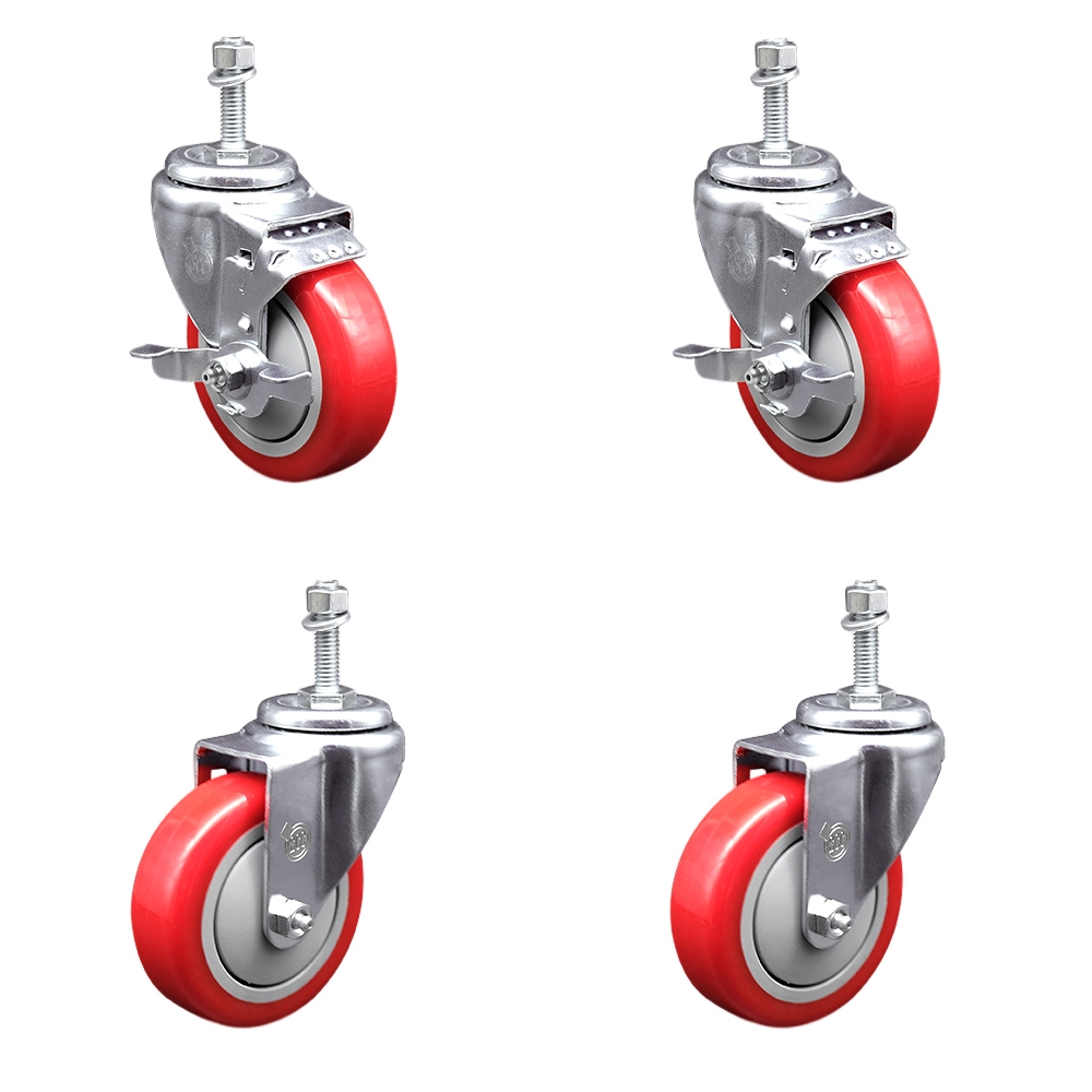 SCC-TS20S414-PPUB-RED-TLB-381615-2-S-2 Polyurethane Swivel Threaded Stem Caster with 4 x 1.25 in. Red Wheels & 0.38 in. Stems - Set of 4