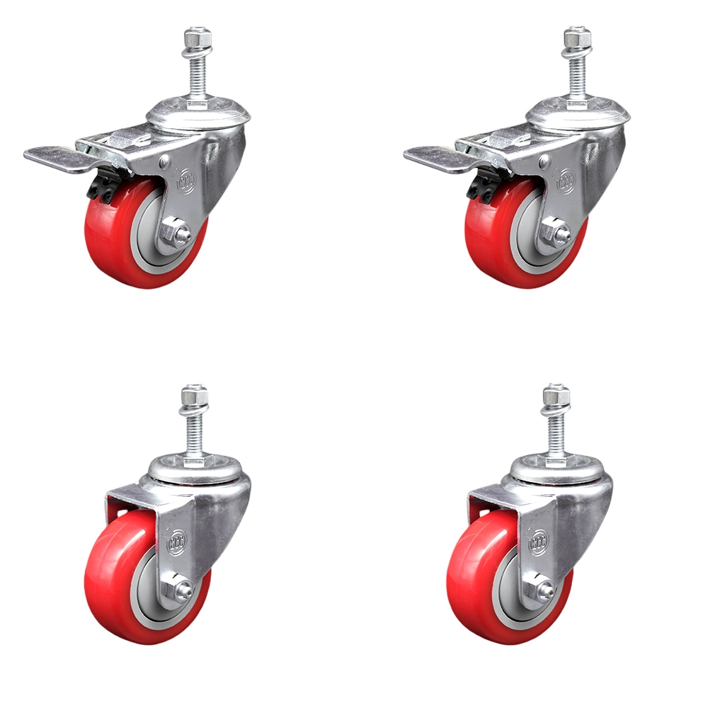 Stainless Steel Polyurethane Swivel Threaded Stem Caster with 3.5 x 1.25 in. Red Wheels & 0.38 in. Stems - Set of 4