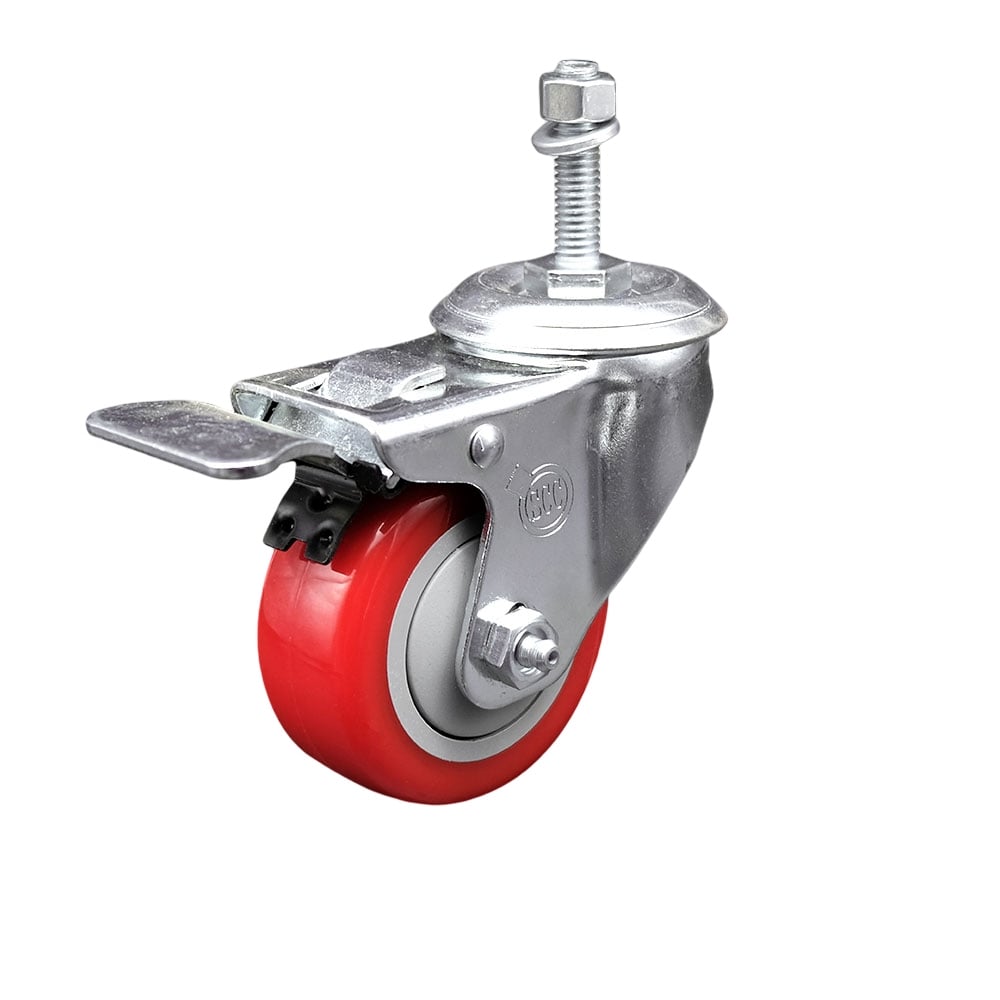Stainless Steel Polyurethane Swivel Threaded Stem Caster with 3 x 1.25 in. Red Wheel & 10 mm Stem & Total Locking Brake