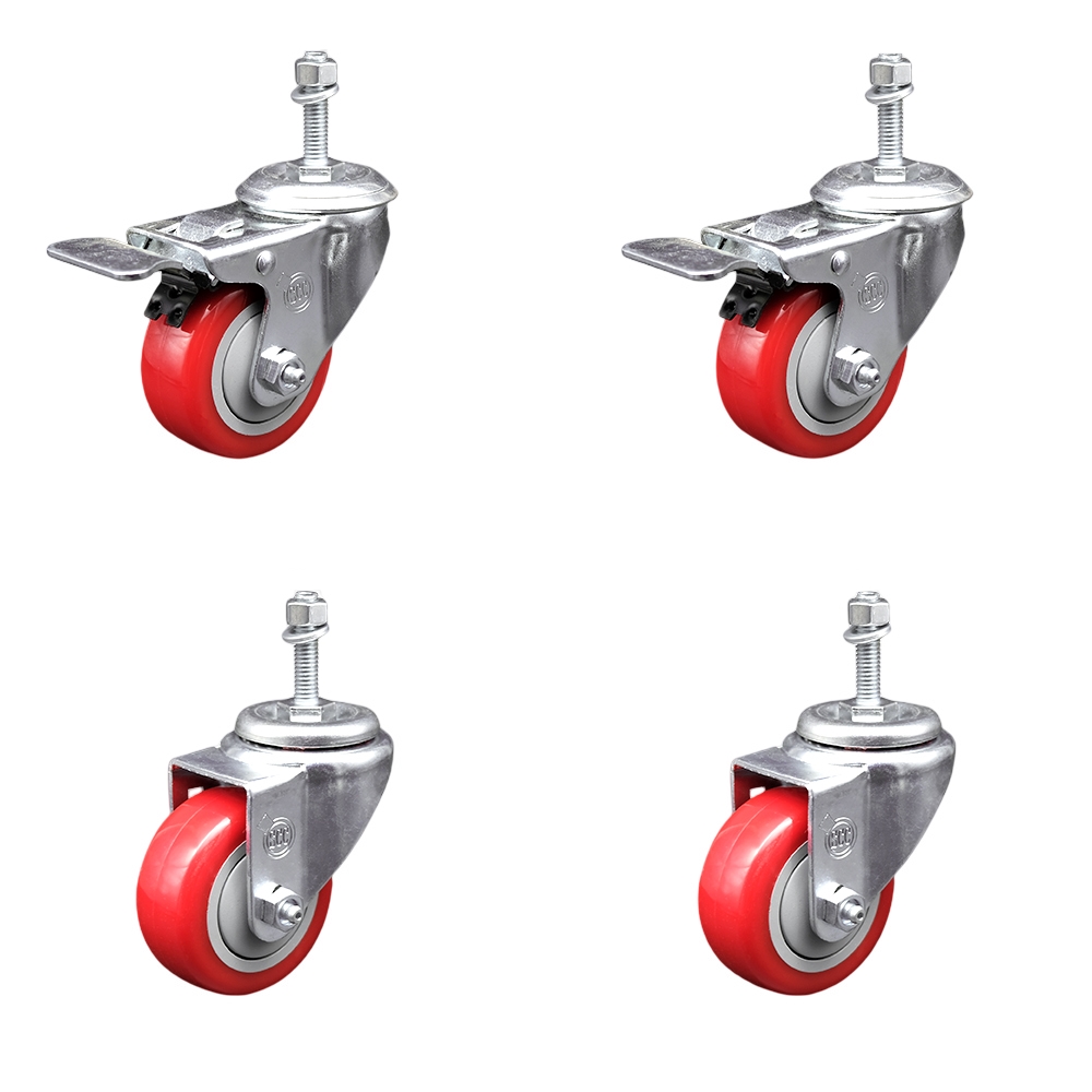 Stainless Steel Polyurethane Swivel Threaded Stem Caster with 3.5 x 1.25 in. Red Wheels & 10 mm Stems - Set of 4