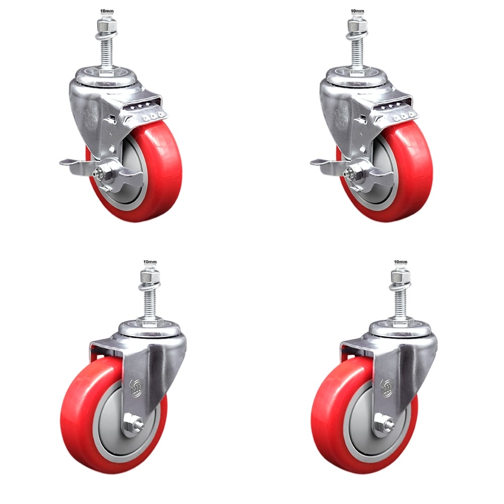 Stainless Steel Polyurethane Swivel Threaded Stem Caster with 4 x 1.25 in. Red Wheels & 10 mm Stems - Set of 4