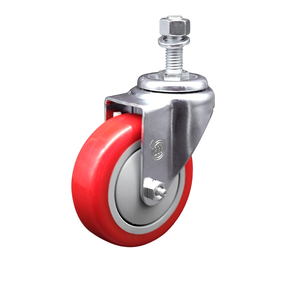SCC-TS20S414-PPUB-RED-M1215 Polyurethane Swivel Threaded Stem Caster with 4 x 1.25 in. Red Wheel & 12 mm Stem