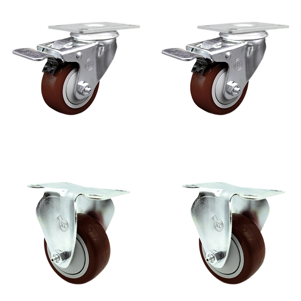 SCC-TTL20S3514-PPUB-MRN-2-R-2 Polyurethane Swivel Top Plate Caster with 3.5 in. Maroon Wheels - Set of 4