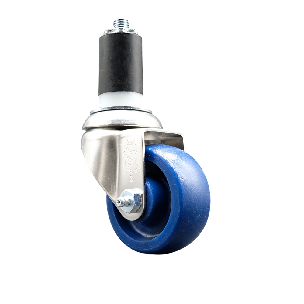 Solid Polyurethane Swivel Stem Caster with 3 in. Blue Caster Wheels, 1.63 in. Expanding Stem - 316 Stainless Steel Caster