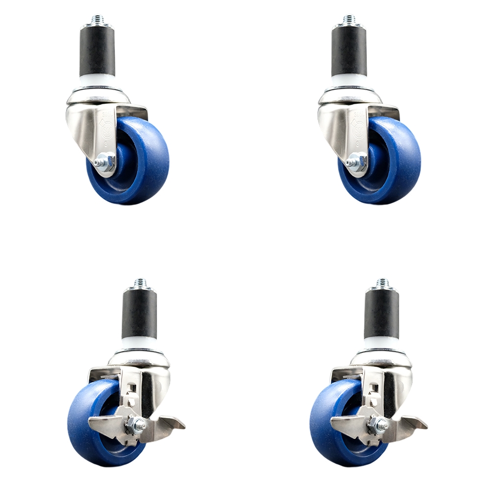 Solid Poly Swivel Stem Caster with 3 in. Blue Caster Wheels, 1.63 in. Expanding Stems - 316 Stainless Steel Casters - Set of 4