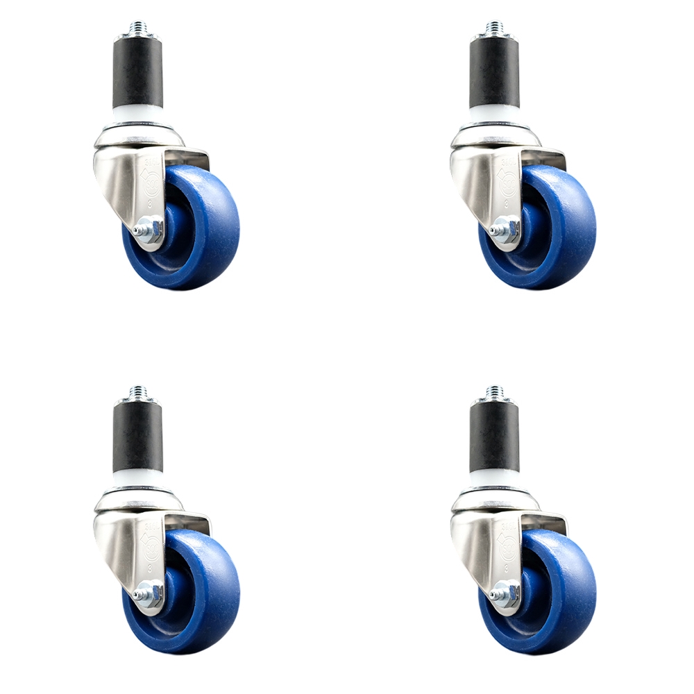 Solid Polyurethane Swivel Stem Caster with 3.5 in. Blue Caster Wheels, 1.63 in. Expanding Stems - 316 Stainless Steel Casters - Set of 4
