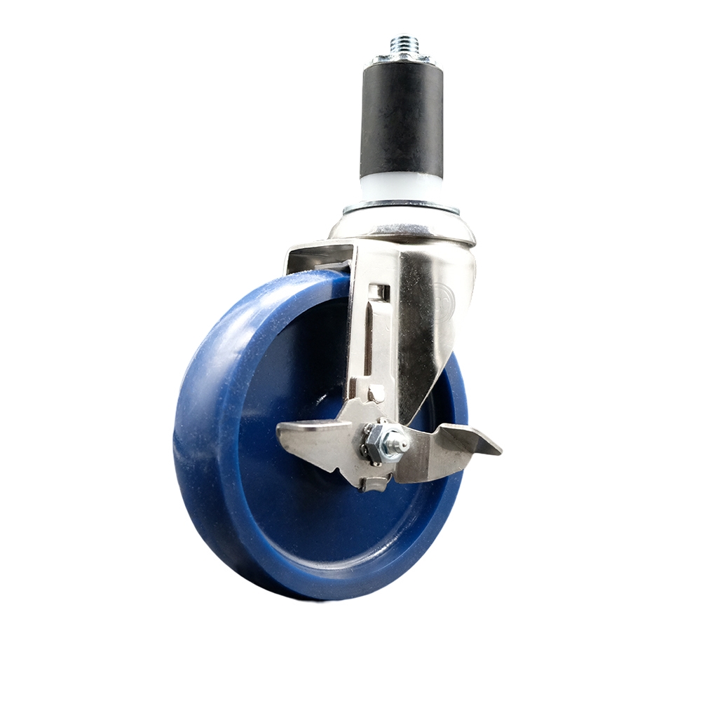 Solid Polyurethane Swivel Stem Caster with 5 in. Blue Caster Wheels & Top Lock Brake, 1.63 in. Expanding Stem - 316 Stainless Steel Caster