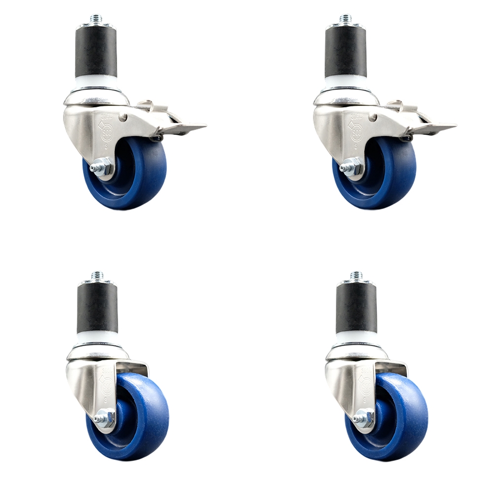 Solid Poly Swivel Stem Caster with 3.5 in. Blue Caster Wheels, 1.87 in. Expanding Stem - 316 Stainless Steel Casters - Set of 4