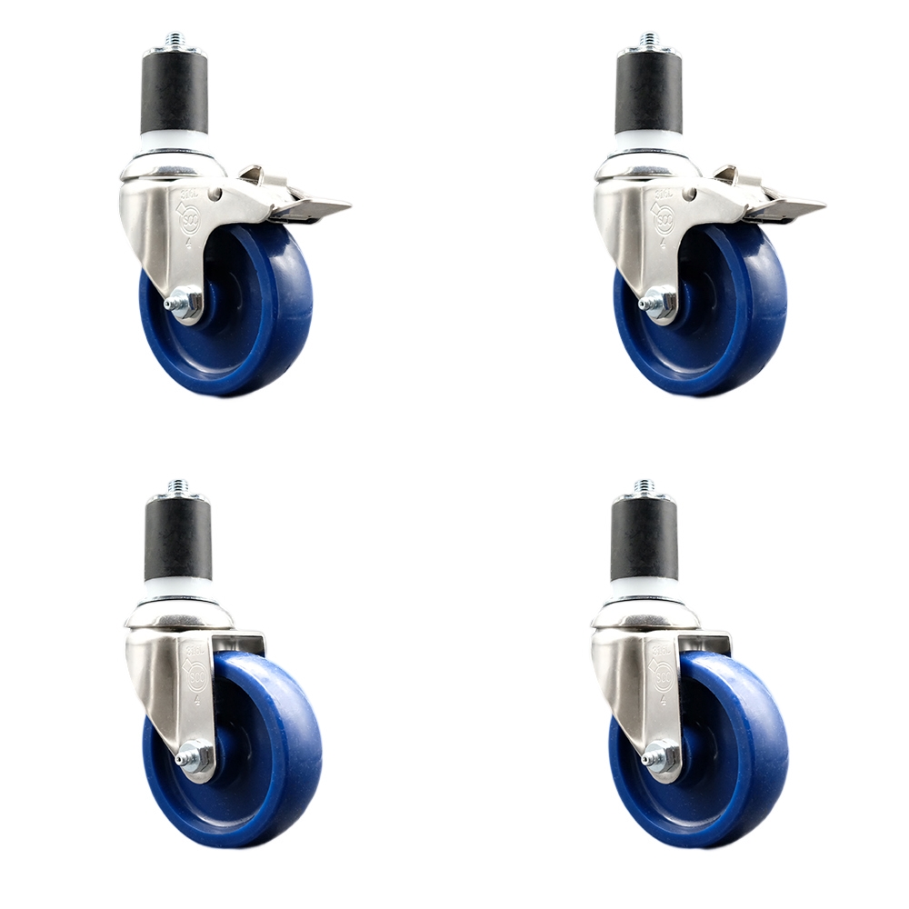 Solid Poly Swivel Stem Caster with 4 in. Blue Caster Wheels, 1.87 in. Expanding Stem - 316 Stainless Steel Casters - Set of 4