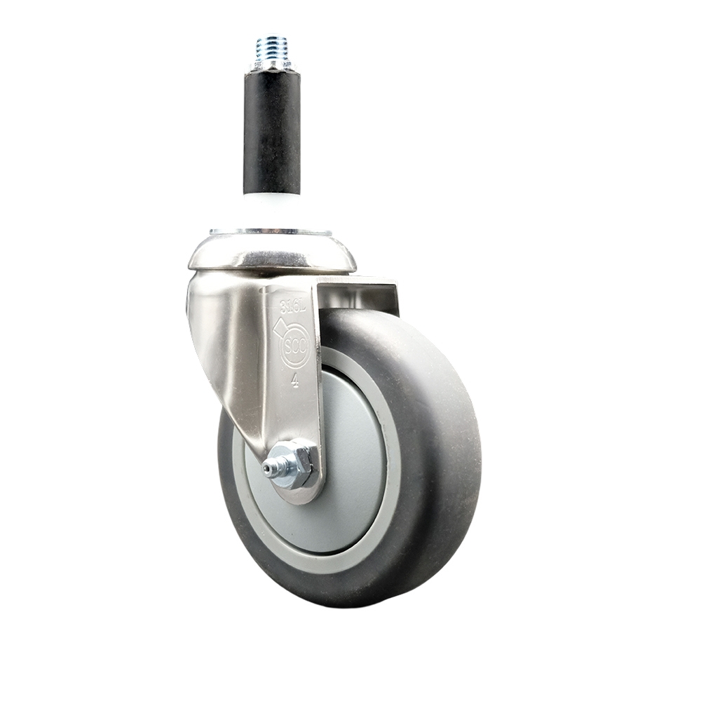 Thermoplastic Rubber Swivel Stem Caster with 4 in. Gray Caster Wheels, 0.75 in. Expanding Stem - 316 Stainless Steel Caster