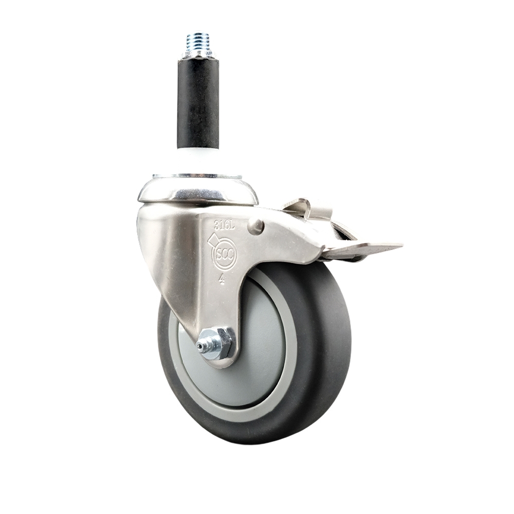 Thermoplastic Rubber Swivel Stem Caster with 4 in. Gray Caster Wheel & Total Lock Brake, 0.75 in. Expanding Stem - 316 Stainless Steel Caster