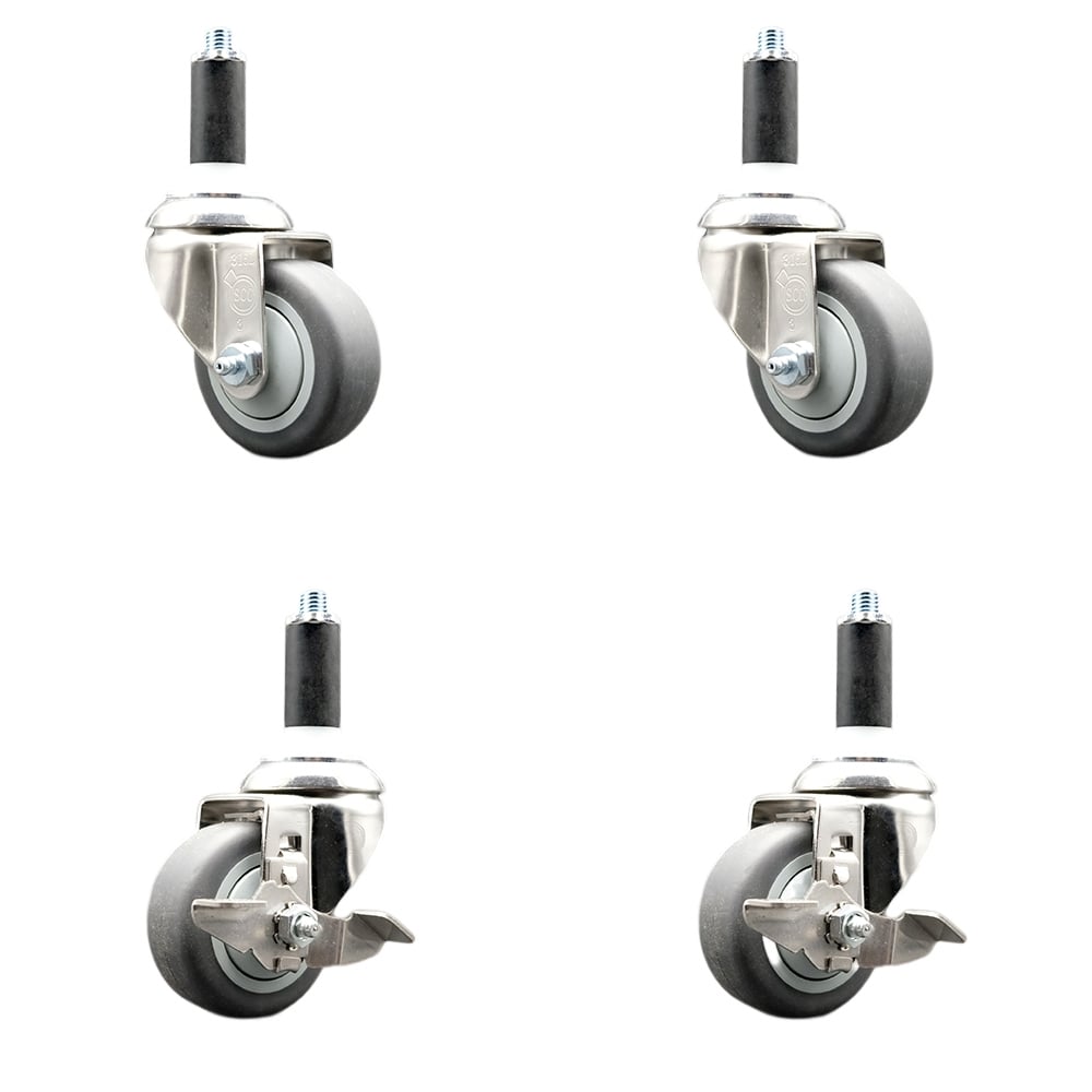 Thermoplastic Rubber Swivel Stem Caster with 3 in. Caster Wheels, 1 in. Expanding Stems - 316 Stainless Steel Casters - Set of 4