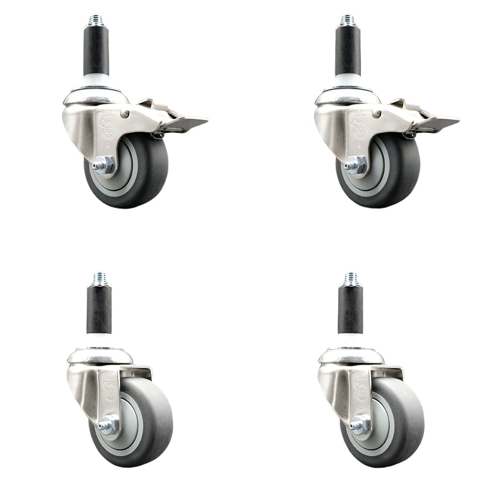 Thermoplastic Rubber Swivel Stem Caster with 3 in. Caster Wheels, 1 in. Expanding Stem - 316 Stainless Steel Casters - Set of 4