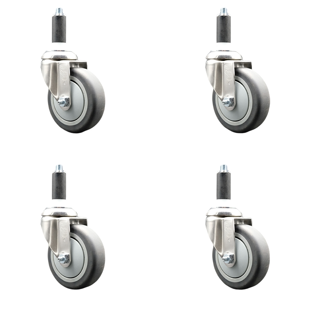 Thermoplastic Rubber Swivel Stem Caster with 4 in. Gray Caster Wheels, 1 in. Expanding Stems - 316 Stainless Steel Casters - Set of 4