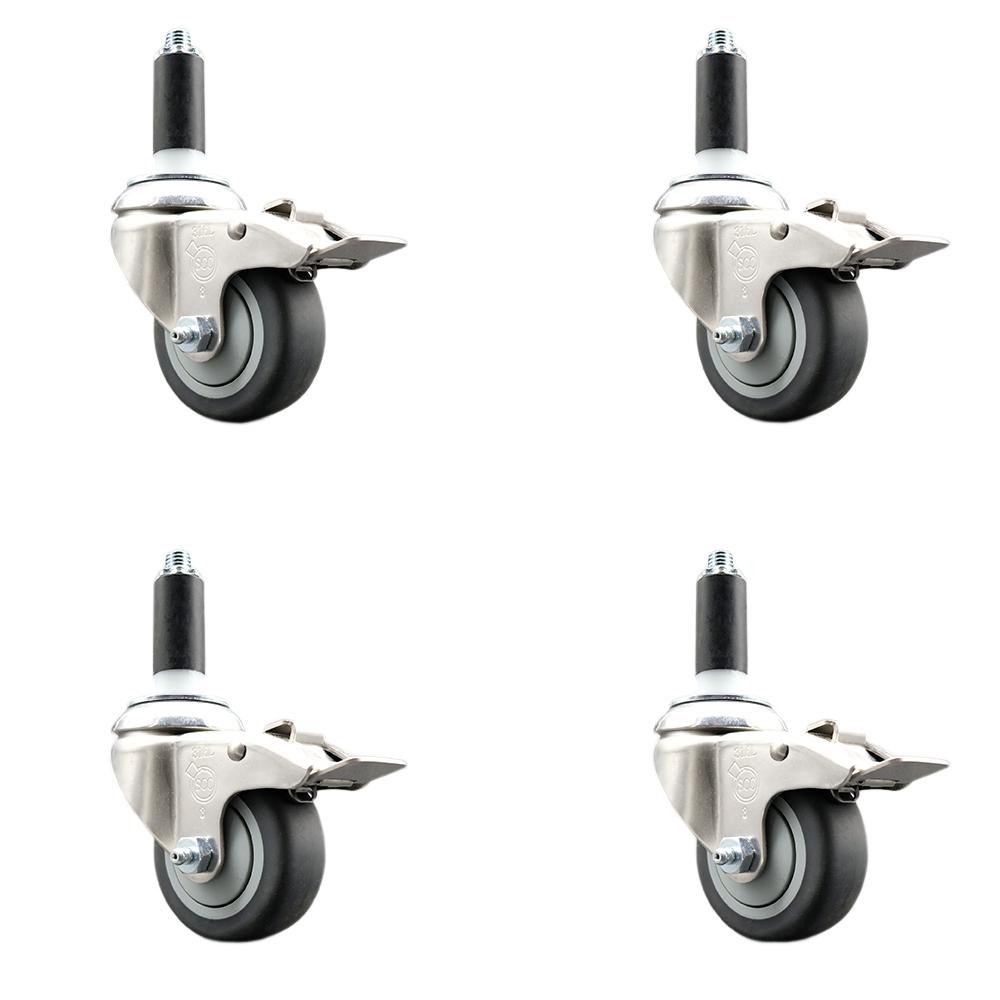 Thermoplastic Rubber Swivel Stem Caster with 3 in. Caster Wheels, 1.13 in. Expanding Stems - 316 Stainless Steel Casters - Set of 4