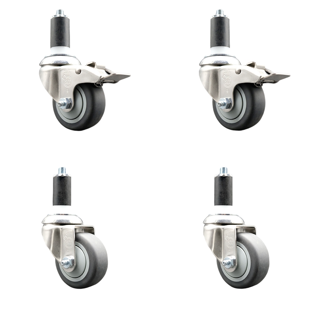 Thermoplastic Rubber Swivel Stem Caster with 3.5 in. Caster Wheels, 1.25 in. Expanding Stem - 316 Stainless Steel Casters - Set of 4