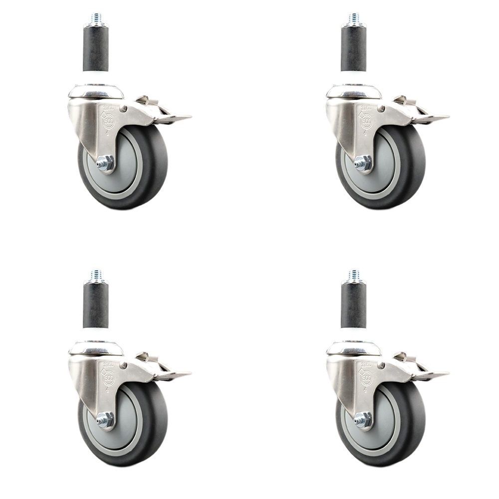 Thermoplastic Rubber Swivel Stem Caster with 4 in. Caster Wheels, 1.38 in. Expanding Stems - 316 Stainless Steel Casters - Set of 4