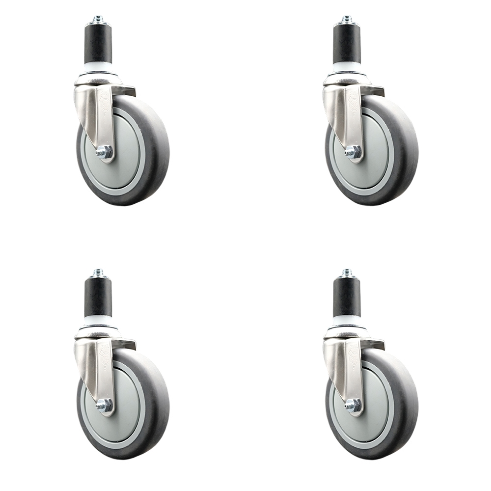 Thermoplastic Rubber Swivel Stem Caster with 5 in. Gray Caster Wheels, 1.5 in. Expanding Stems - 316 Stainless Steel Casters - Set of 4