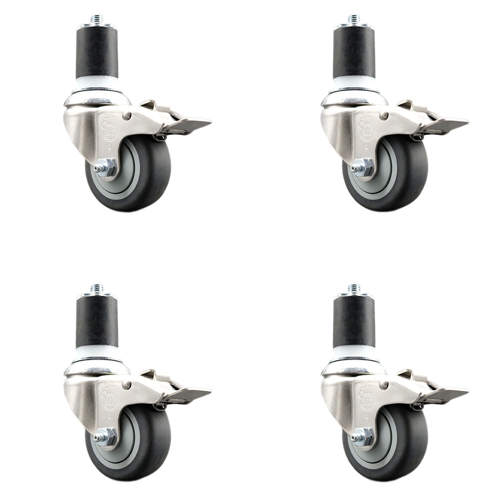 Thermoplastic Rubber Swivel Stem Caster with 3 in. Caster Wheels, 1.75 in. Expanding Stems - 316 Stainless Steel Casters - Set of 4