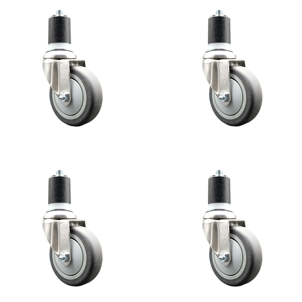 Thermoplastic Rubber Swivel Stem Caster with 4 in. Gray Caster Wheels, 1.75 in. Expanding Stems - 316 Stainless Steel Casters - Set of 4