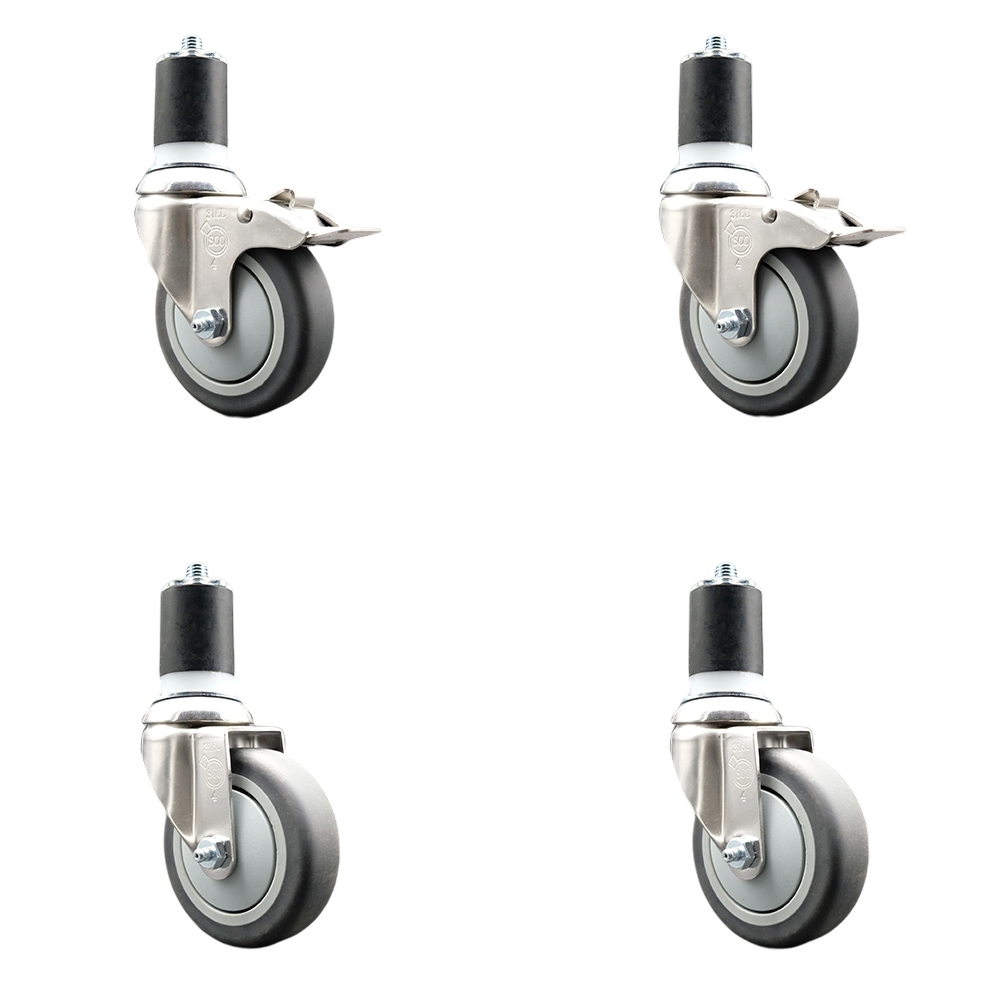 Thermoplastic Rubber Swivel Stem Caster with 4 in. Caster Wheels, 1.75 in. Expanding Stem - 316 Stainless Steel Casters - Set of 4