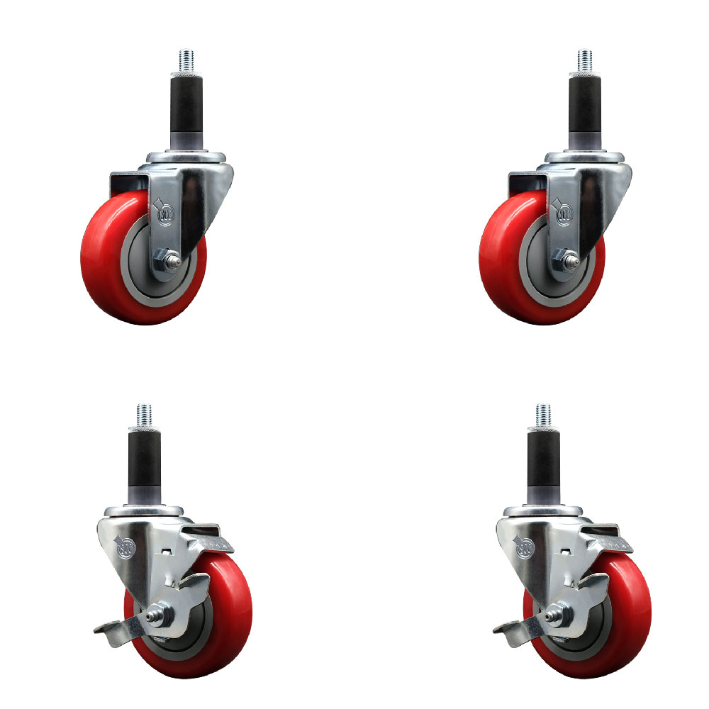 SCC-EX20S3514-PPUB-RED-2-TLB-2-118 Polyurethane Swivel Expanding Stem Caster with 3.5 in. Red Wheels & 1.13 in. Stems - Set of 4