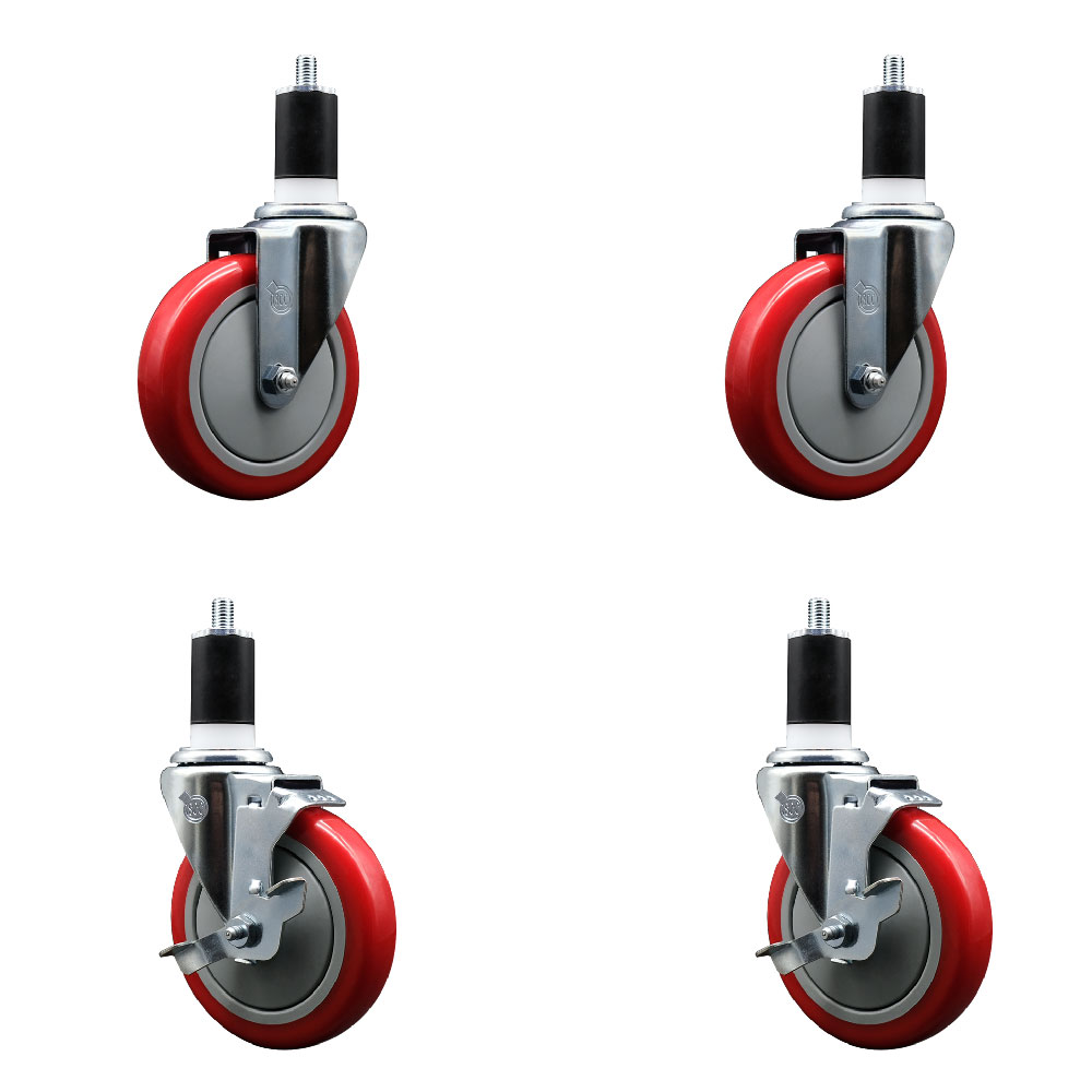 SCC-EX20S514-PPUB-RED-2-TLB-2-112 Polyurethane Swivel Expanding Stem Caster with 5 in. Red Wheels & 1.5 in. Stems - Set of 4