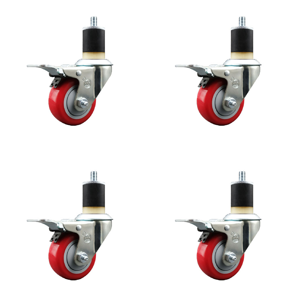 Stainless Steel Polyurethane Swivel Expanding Stem Caster with 3 in. Red Wheels & 1.87 in. Stems 4 Swivel with Total Locking Brakes - Set of 4