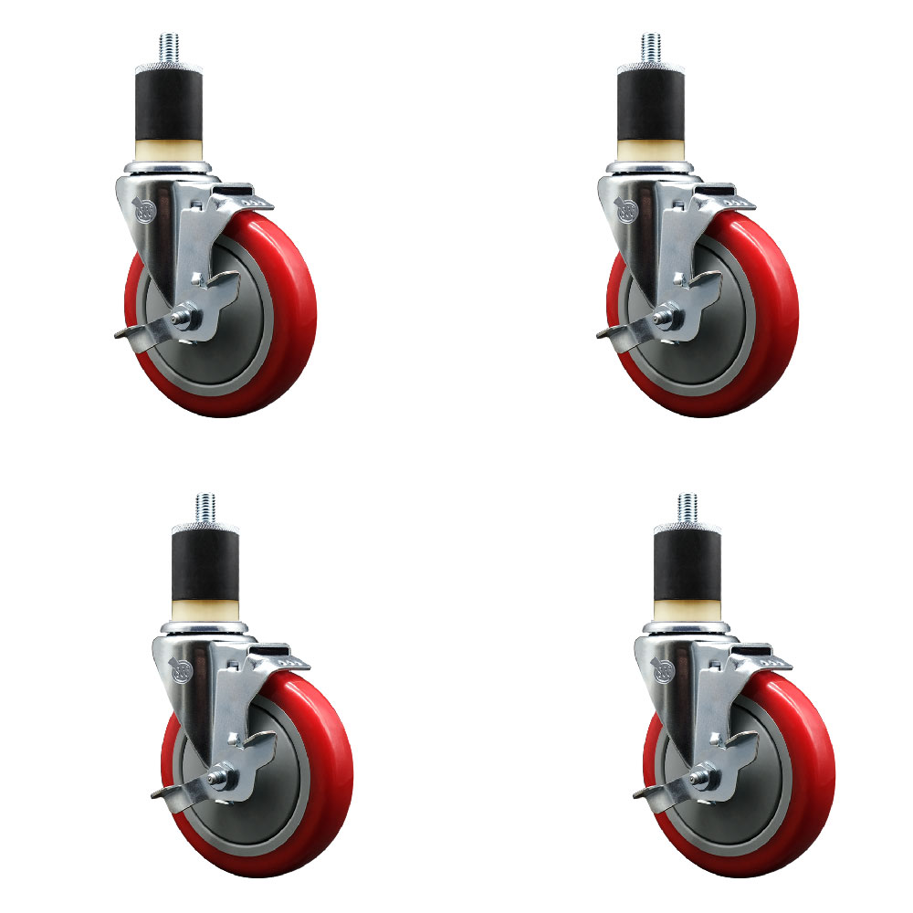 Stainless Steel Polyurethane Swivel Expanding Stem Caster with 5 in. Red Wheels & 1.87 in. Stems 4 Swivel with Top Locking Brakes - Set of 4