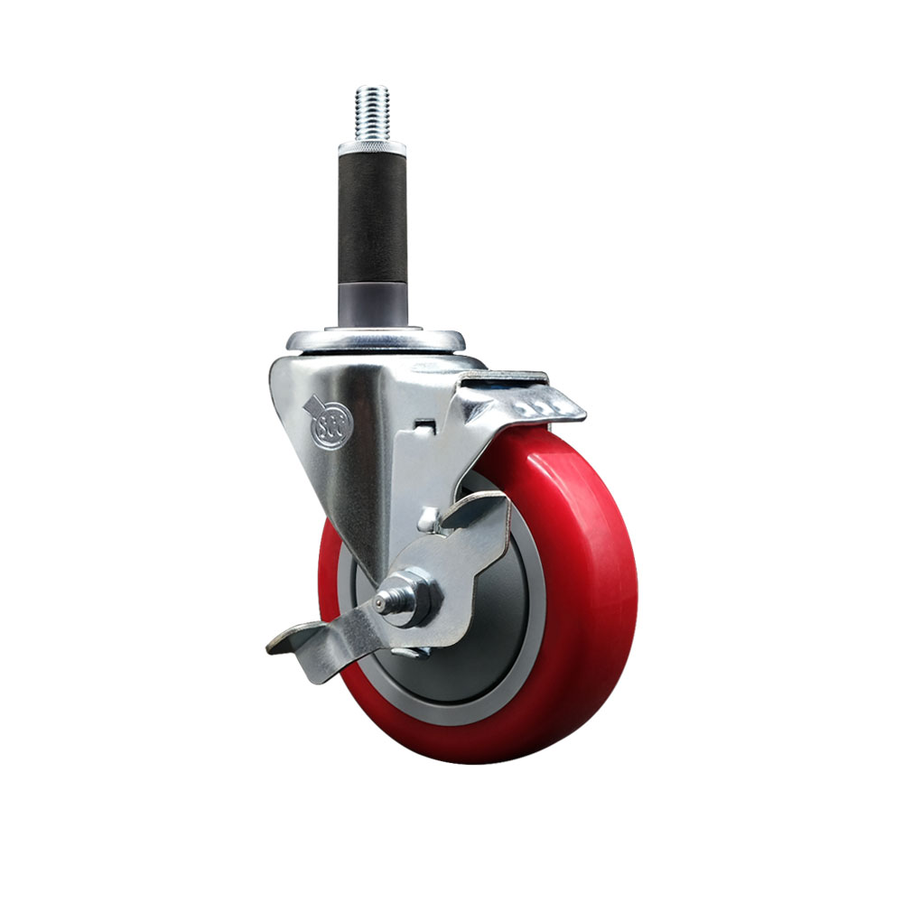 SCC-SSEX20S414-PPUB-RED-TLB-1 Stainless Steel Polyurethane Expanding Stem Swivel Caster with 4 in. Red Wheel & 1 in. Stem & Top Locking Brake