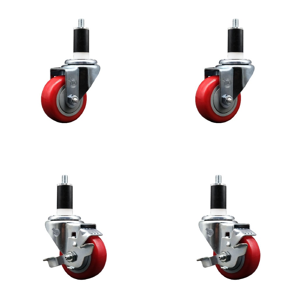 SCC-SSEX20S314-PPUB-RED-2-TLB-2-138 Stainless Steel Polyurethane Swivel Expanding Stem Caster with 3 in. Red Wheels & 1.38 in. Stems - Set of 4