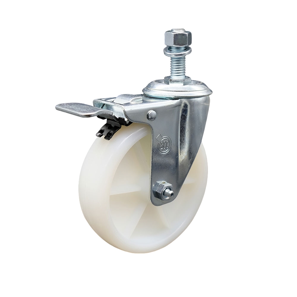 SCC-TSTTL20S514-NYS-M1215 Nylon Swivel Threaded Stem Caster with 5 x 1.25 in. White Wheel & 12 mm Stem & Total Locking Brake