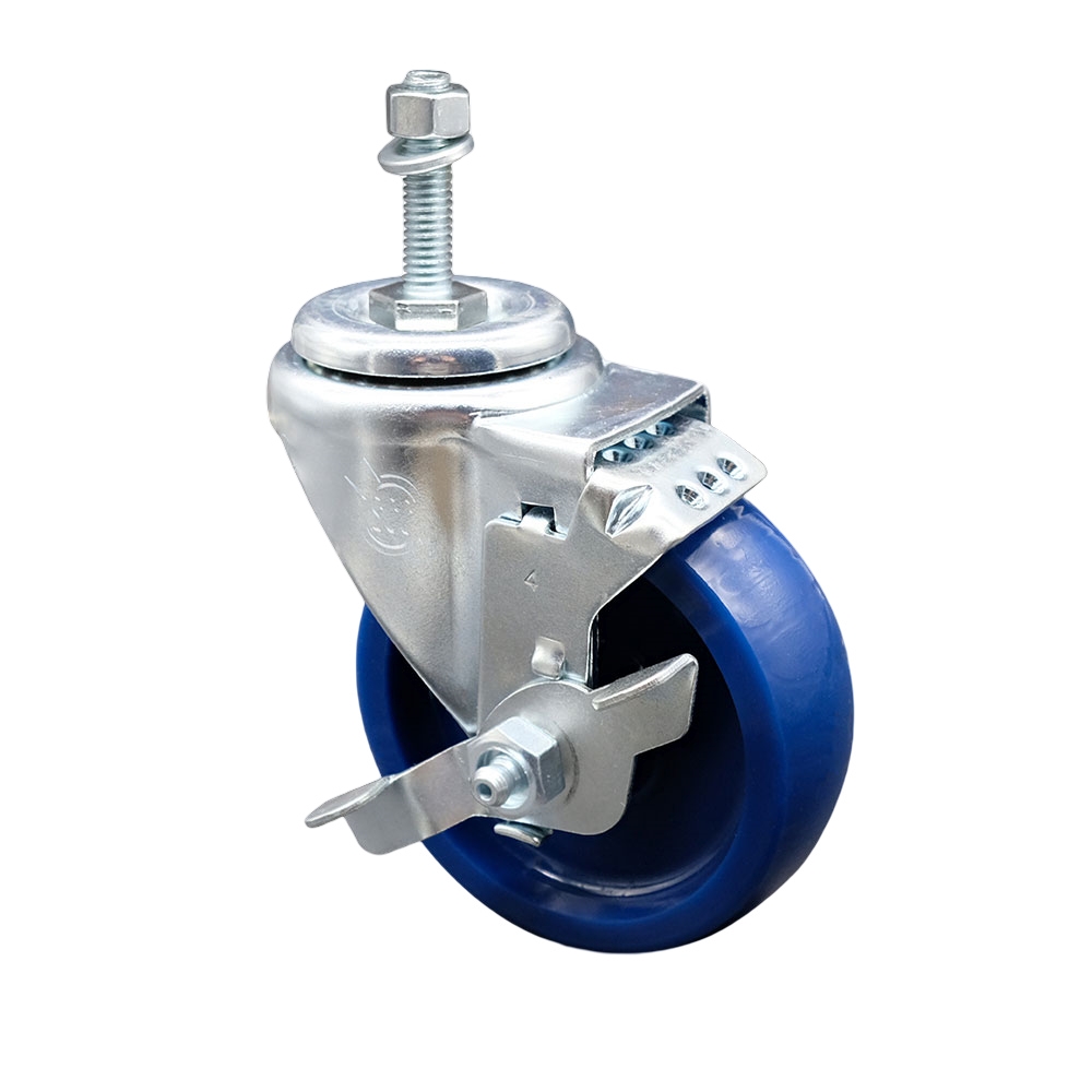 SCC-TS20S414-SPUS-TLB-M1015 Solid Polyurethane Swivel Threaded Stem Caster with 4 x 1.25 in. Blue Wheel & 10 mm Stem & Top Locking Brake