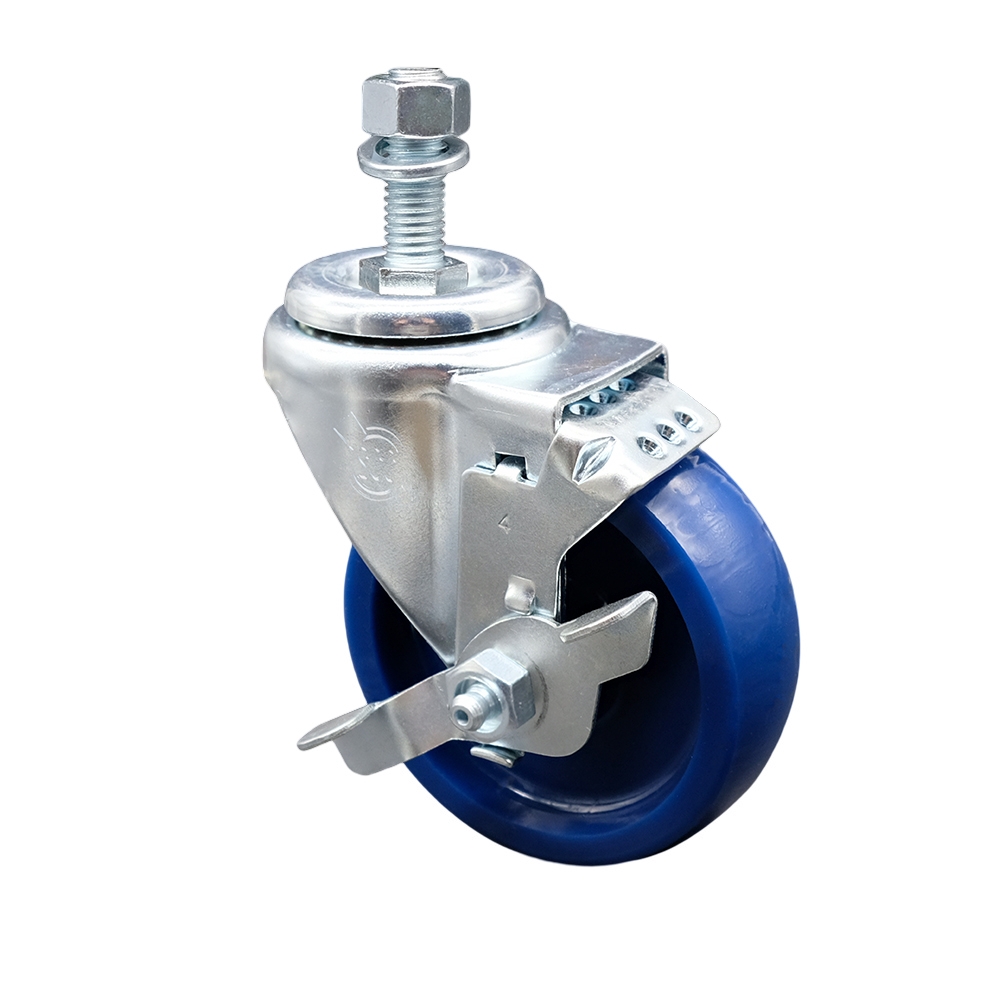 SCC-TS20S414-SPUS-TLB-M1215 Solid Polyurethane Swivel Threaded Stem Caster with 4 x 1.25 in. Blue Wheel & 12 mm Stem & Top Locking Brake