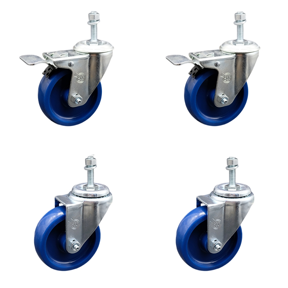 Stainless Steel Solid Polyurethane Swivel Threaded Stem Caster with 4 x 1.25 in. Blue Wheels & 10 mm Stems - Set of 4