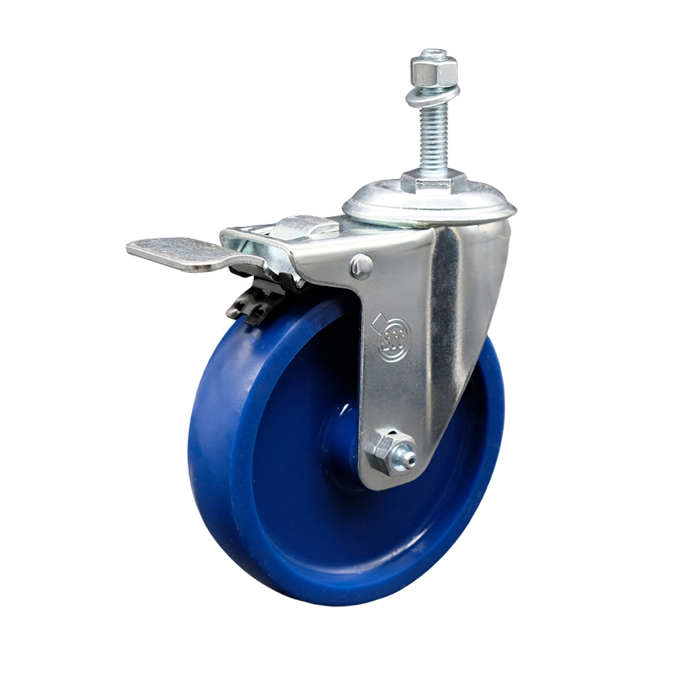 SCC-TSTTL20S514-SPUS-M1015 Solid Polyurethane Swivel Threaded Stem Caster with 5 x 1.25 in. Blue Wheel & 10 mm Stem & Total Locking Brake