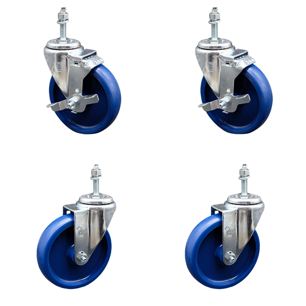 Stainless Steel Solid Polyurethane Swivel Threaded Stem Caster with 5 x 1.25 in. Blue Wheels & 0.38 in. Stems - Set of 4
