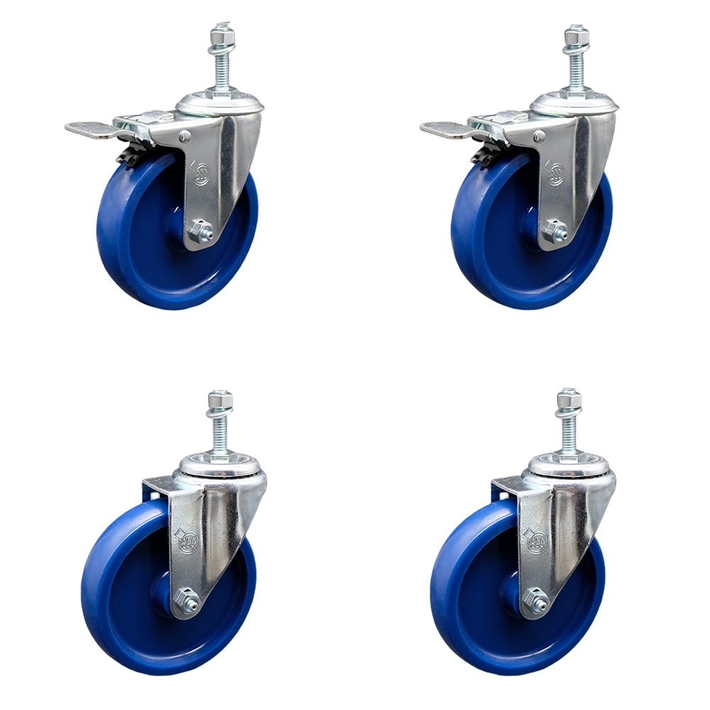Stainless Steel Solid Polyurethane Swivel Threaded Stem Caster with 5 x 1.25 in. Blue Wheels & 10 mm Stems - Set of 4