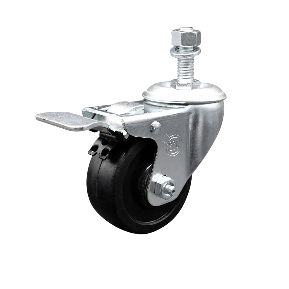 Stainless Steel Soft Rubber Swivel Threaded Stem Caster with 3 x 1.25 in. Black Wheel & 0.5 in. Stem & Total Locking Brake