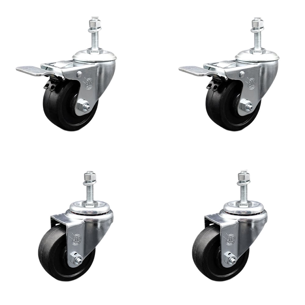 SCC-SSTSTTL20S314-SRS-381615-2-S-2 Stainless Steel Soft Rubber Swivel Threaded Stem Caster with 3 x 1.25 in. Black Wheels & 0.38 in. Stems - Set of 4