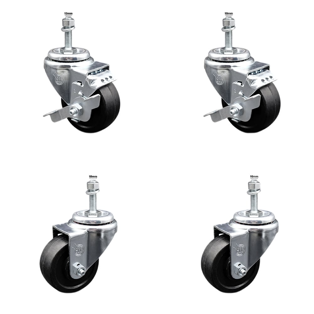 SCC-SSTS20S314-SRS-M1015-2-TLB-2 Stainless Steel Soft Rubber Swivel Threaded Stem Caster with 3 x 1.25 in. Black Wheels & 10 mm Stems - Set of 4