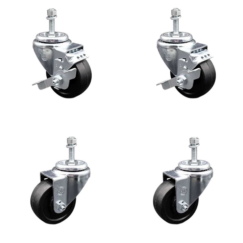 SCC-TS20S3514-SRS-381615-2-TLB-2 Soft Rubber Swivel Threaded Stem Caster with 3.5 x 1.25 in. Black Wheels & 0.38 in. Stems - Set of 4