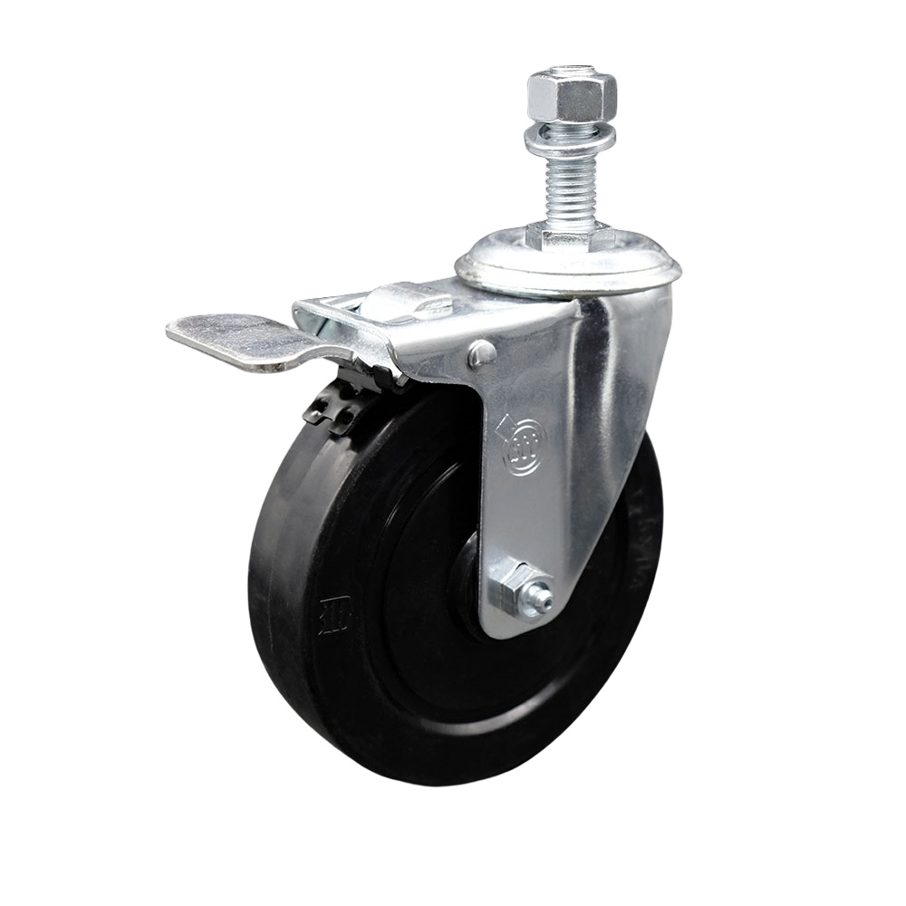 Stainless Steel Soft Rubber Swivel Threaded Stem Caster with 5 x 1.25 in. Black Wheel & 0.5 in. Stem & Total Locking Brake