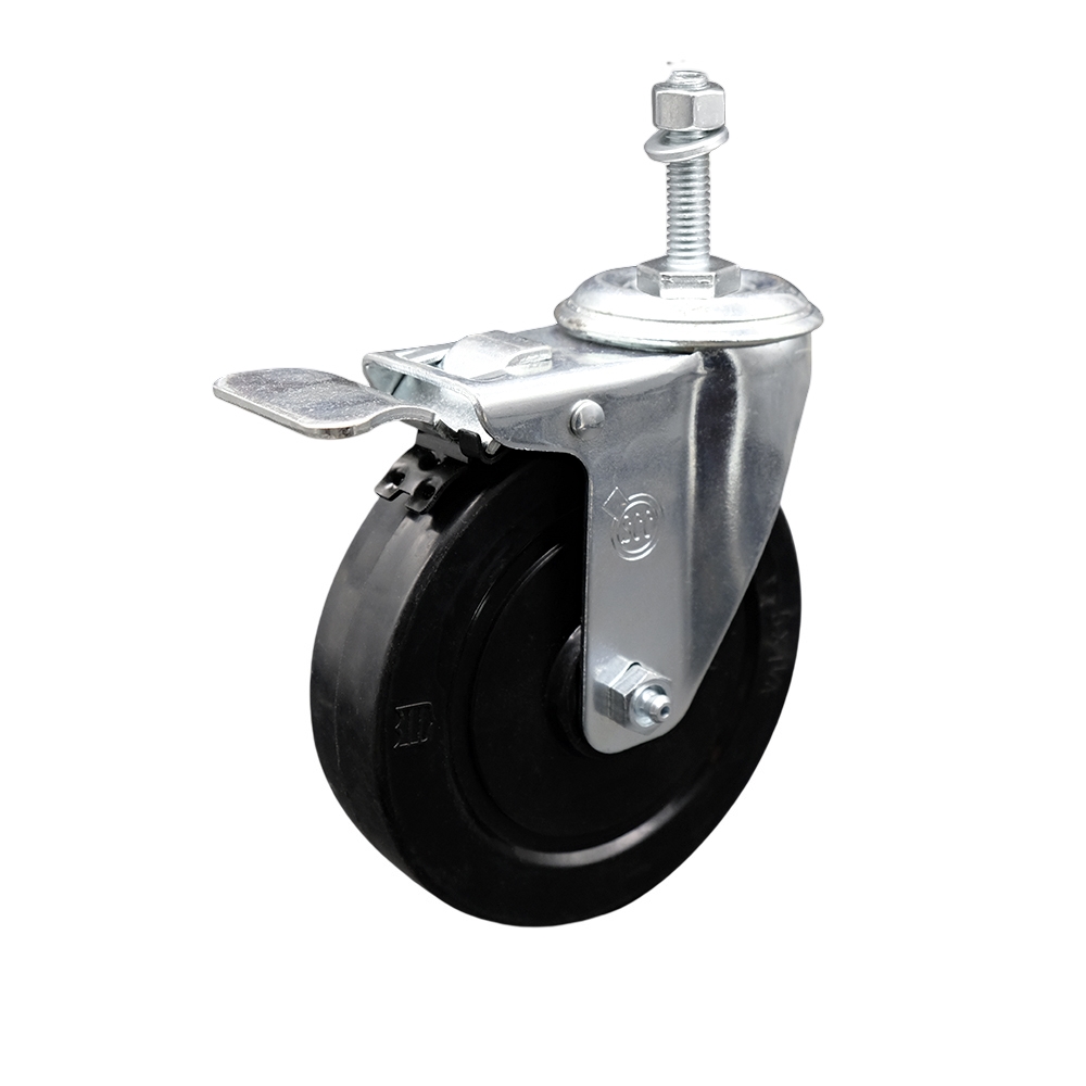 Stainless Steel Soft Rubber Swivel Threaded Stem Caster with 5 x 1.25 in. Black Wheel & 0.38 in. Stem & Total Locking Brake