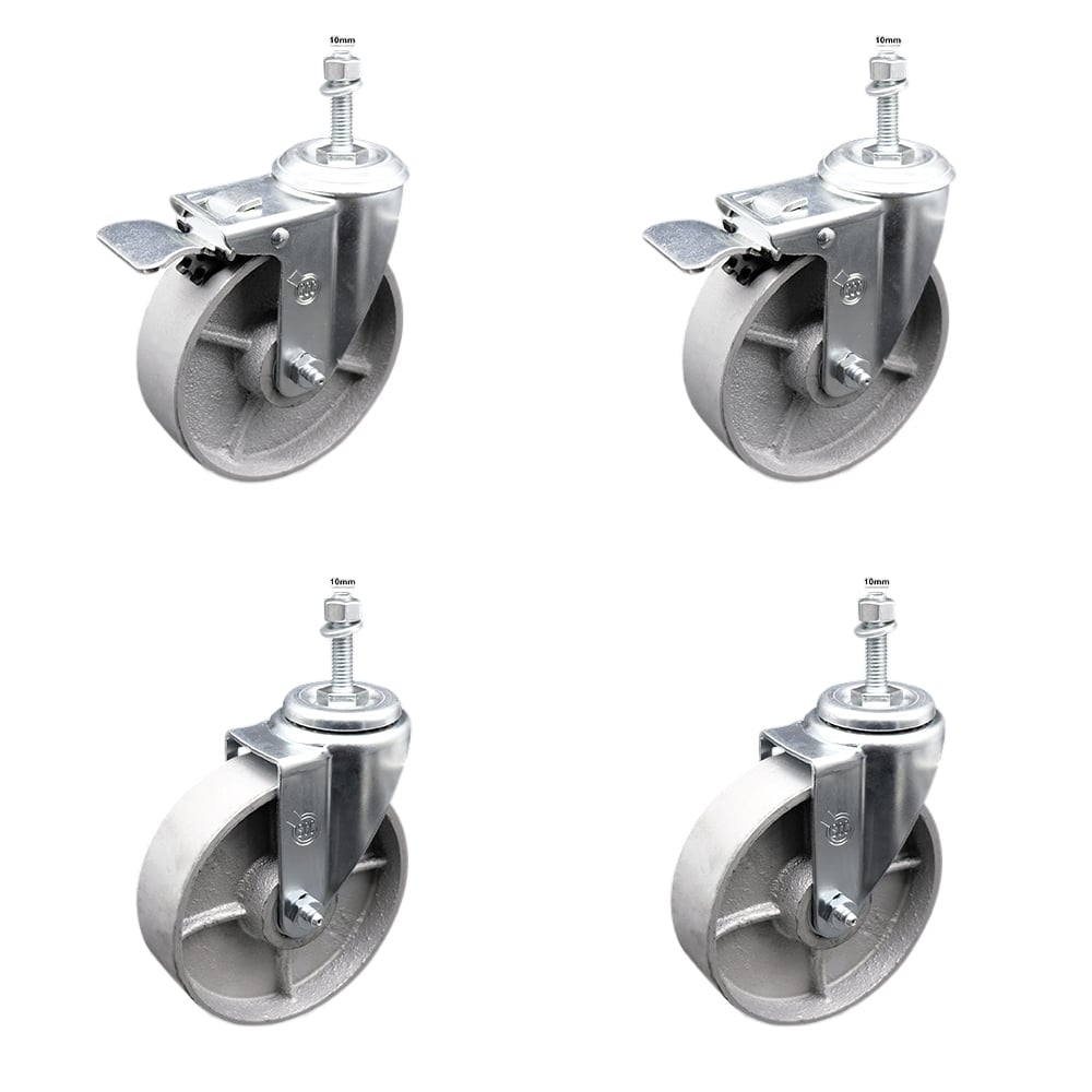 SCC-TSTTL20S514-SSS-M1015-2-S-2 Semi Steel Cast Iron Swivel Threaded Stem Caster with 5 x 1.25 in. Silver Wheels & 10 mm Stems - Set of 4