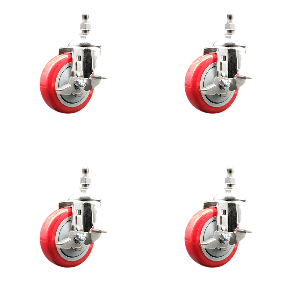 Polyurethane Swivel Stem Caster with 4 in. Red Caster Wheels, 0.38 in. Threaded Stems - 316 Stainless Steel Casters - Set of 4