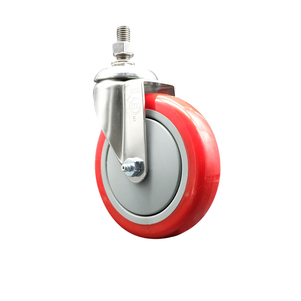 Polyurethane Swivel Stem Caster with 5 in. Red Caster Wheels, 0.38 in. Threaded Stem - 316 Stainless Steel Caster