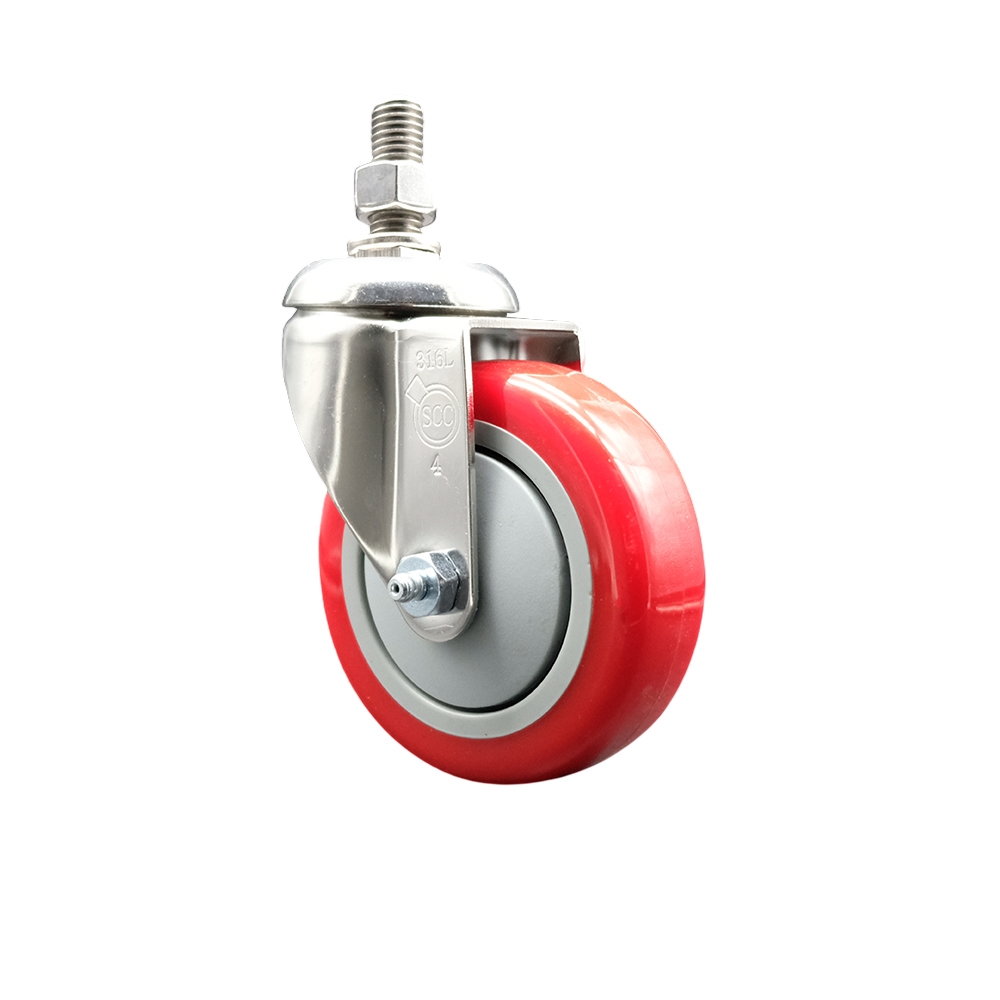 SCC-SS316TS20S414-PPUB-RED-M1215 Polyurethane Swivel Stem Caster with 4 in. Red Caster Wheels, 12 mm Threaded Stem - 316 Stainless Steel Caster