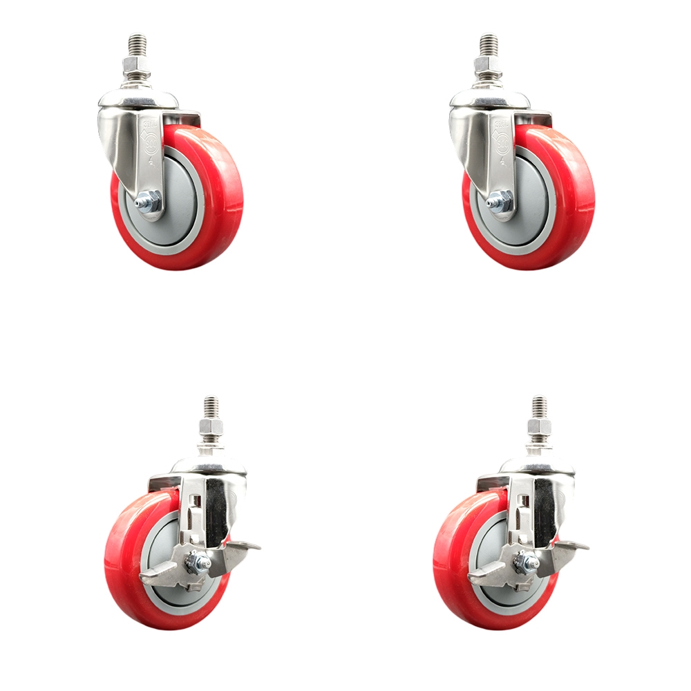 Poly Swivel Stem Caster with 4 in. Red Caster Wheels, 12 mm Threaded Stems - 316 Stainless Steel Casters - Set of 4