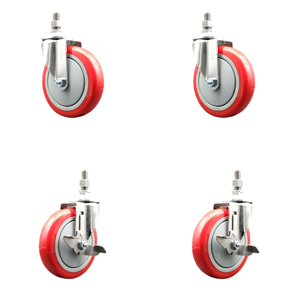 Poly Swivel Stem Caster with 5 in. Red Caster Wheels, 12 mm Threaded Stems - 316 Stainless Steel Casters - Set of 4